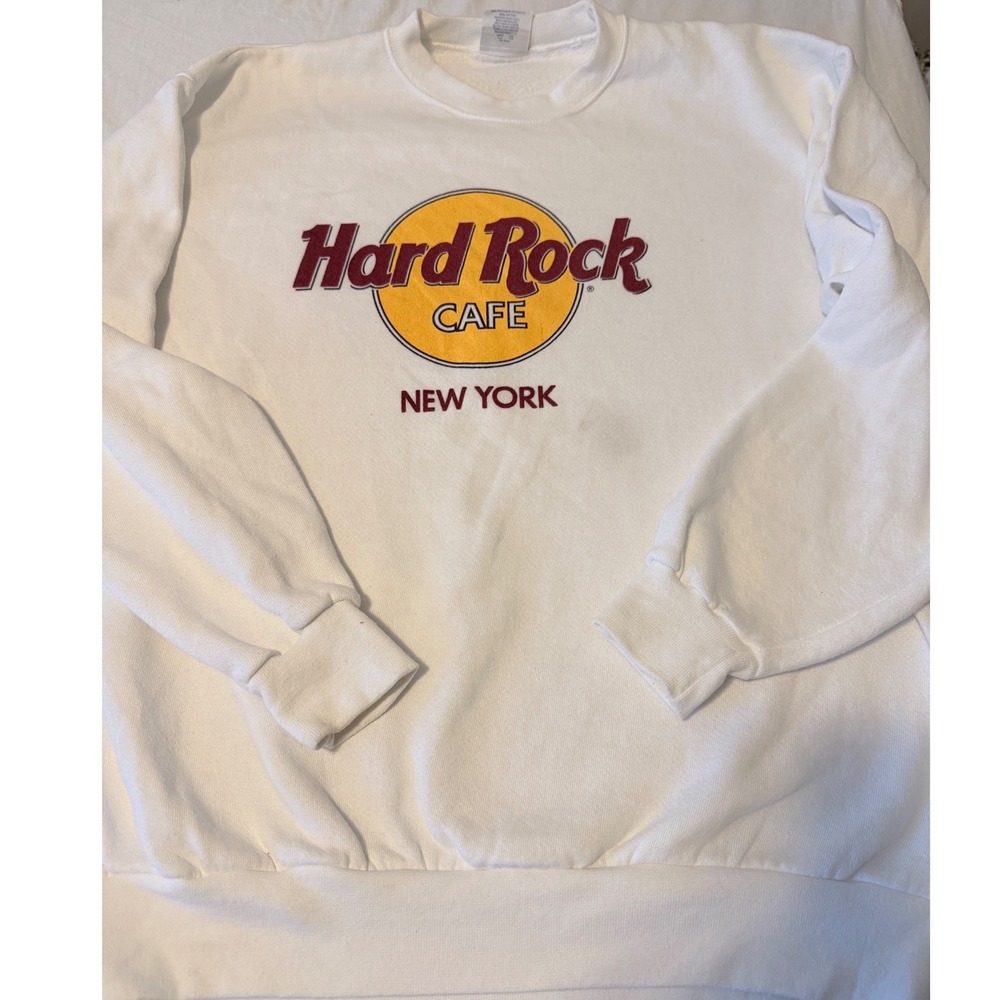 Hard Rock Cafe Sweatshirt Unisex Large New York Graphic White Vintage Crewneck